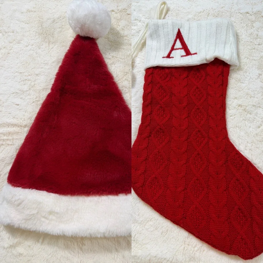 Red Faux Fur Santa Hat & Monogram Letter A Cable Knit Stocking